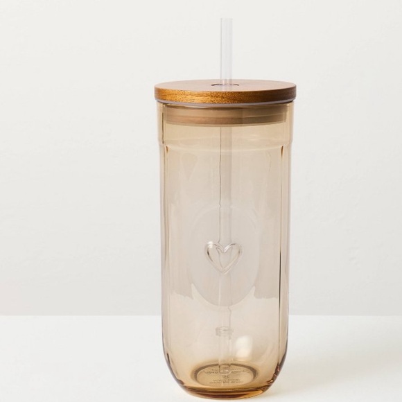 Hearth & Hand - 21oz Fluted Round Glass Tumbler with a Heart Design & Wooden Cap - Picture 2 of 2